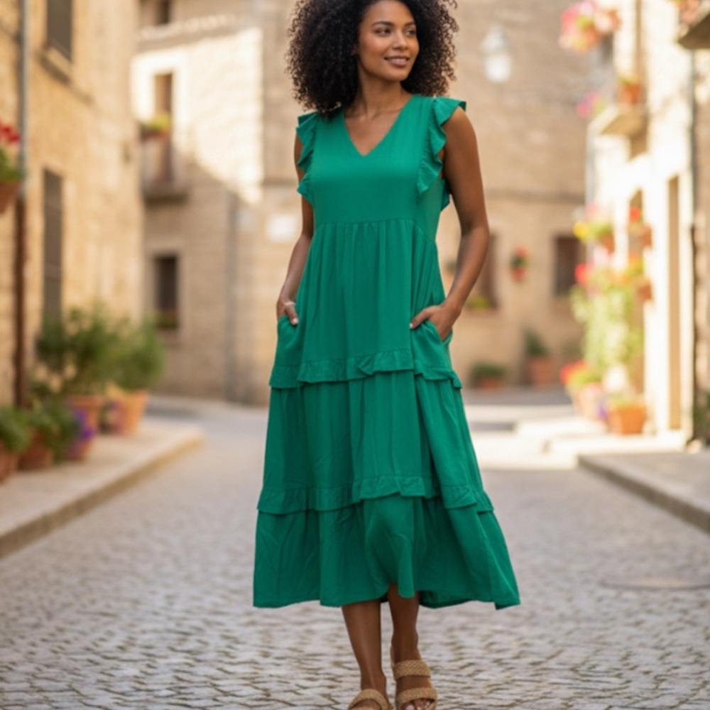 ❤ Entro 100% Rayon Kelly Green Ruffled Tiered Boho Sleeveless Midi Dress Pockets